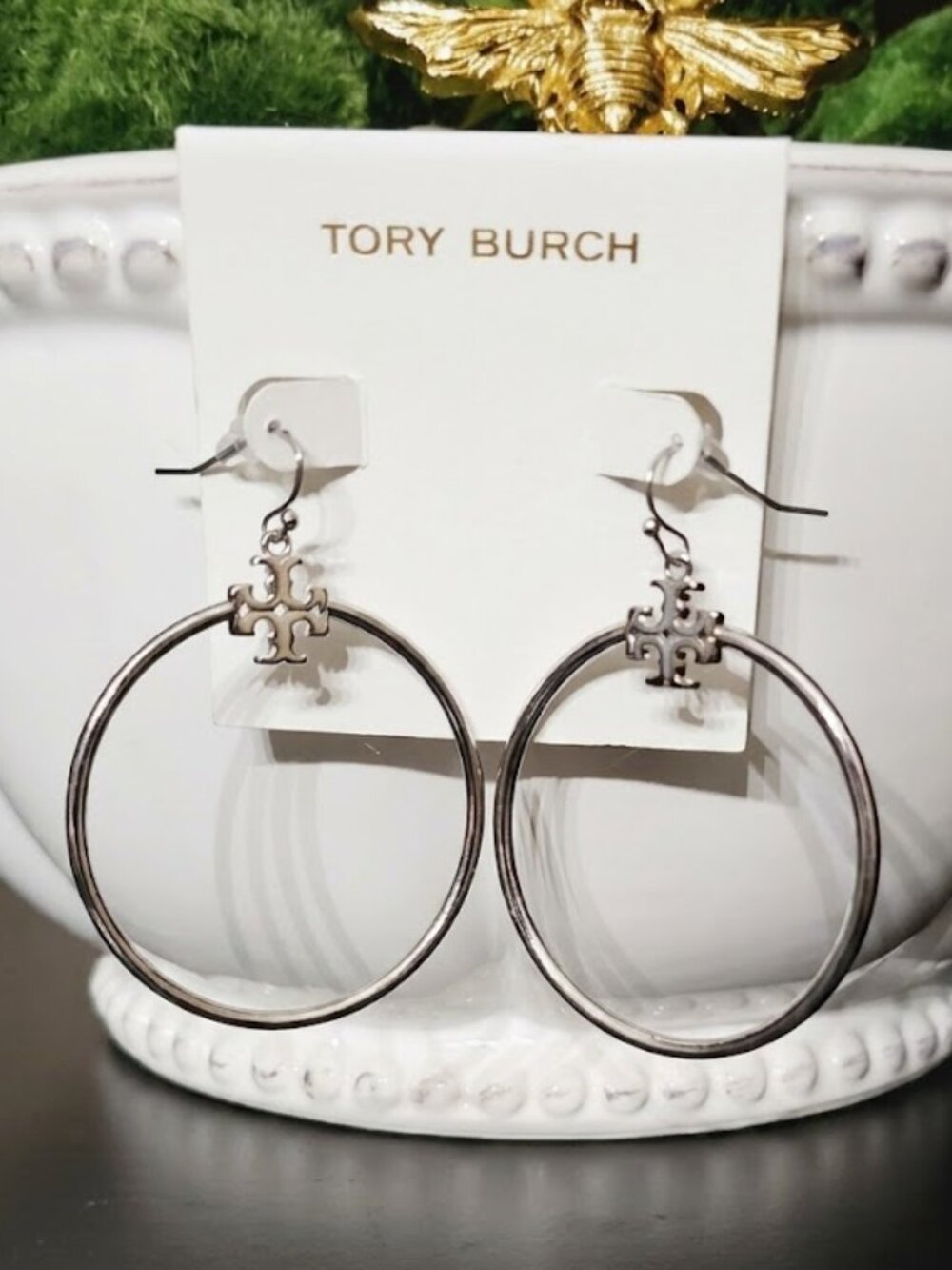 Tory Burch Silver Stacked T-Logo Hoop Earrings in Silver